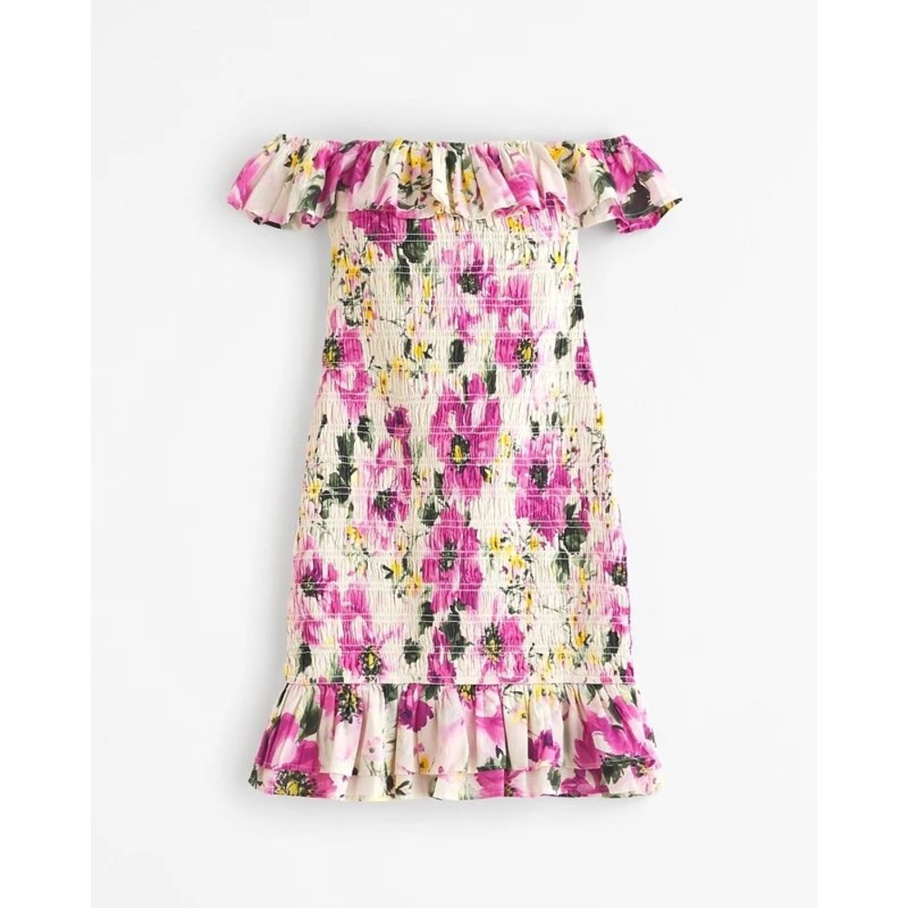 NWT Abercrombie & Fitch Pink Floral Smocked Off Shoulder Mini Dress